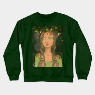 Forest nymph. Beautiful elf with big green eyes, anime art Crewneck Sweatshirt